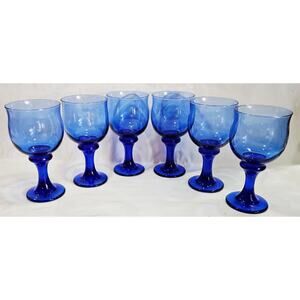 6 Vintage Libbey Clarion Cobalt Blue Glass Water Wine Goblets Drinking Glasses